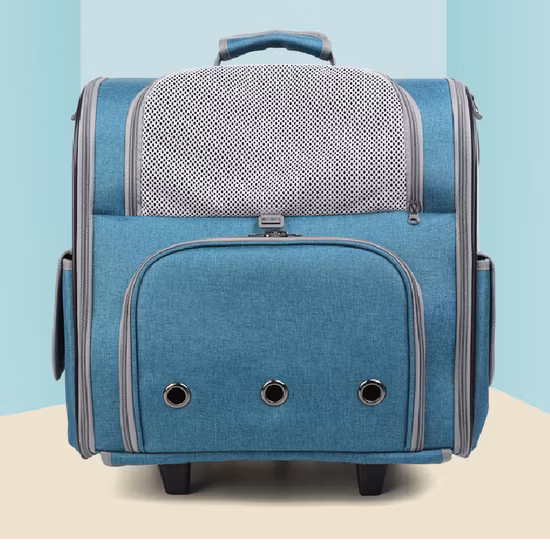 Custom Logo Blue Foldable Portable Pet Carrier Trolley Backpack